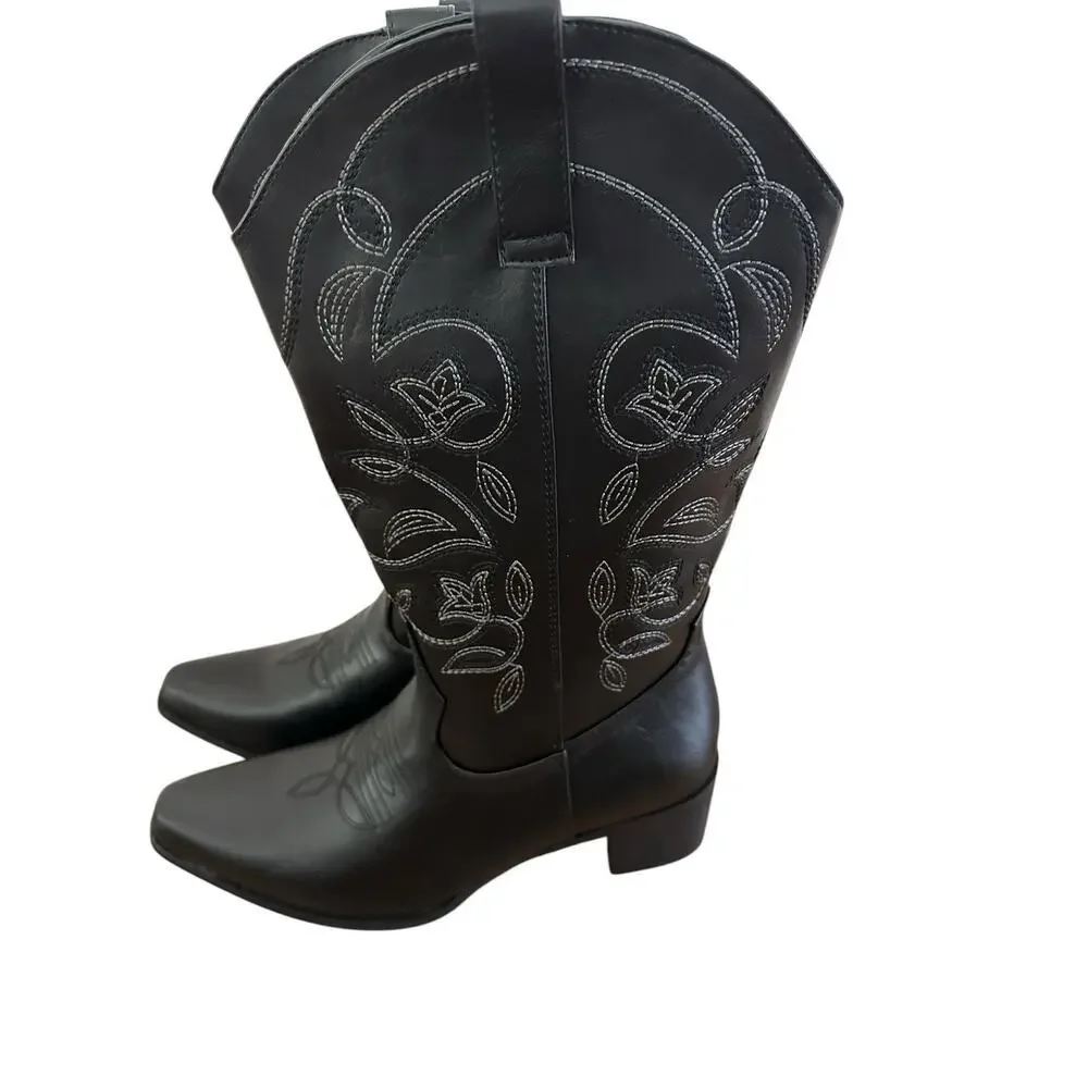 IUV Women’s Size 10 Black Leather Cowboy Cowgirl Boots Embroidered Pointy Toe